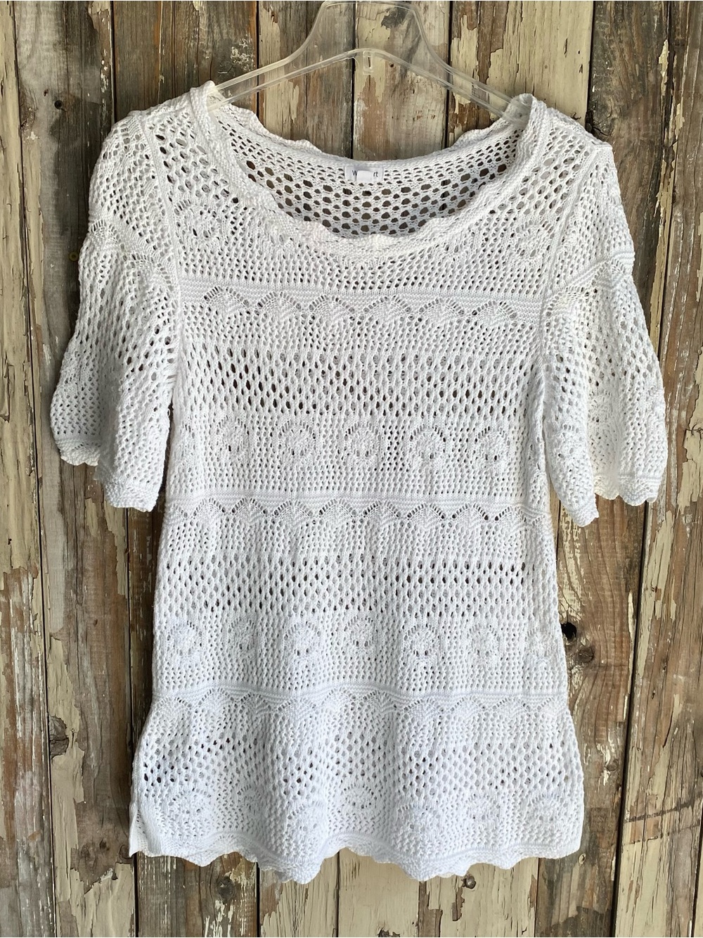 Westport white cotton open knit crochet sweater top cover up boho coastal XL